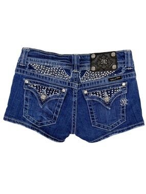 Miss Me Angel Wing Bling Pocket Denim Shorts Blue Rhinestone Y2K Size 27